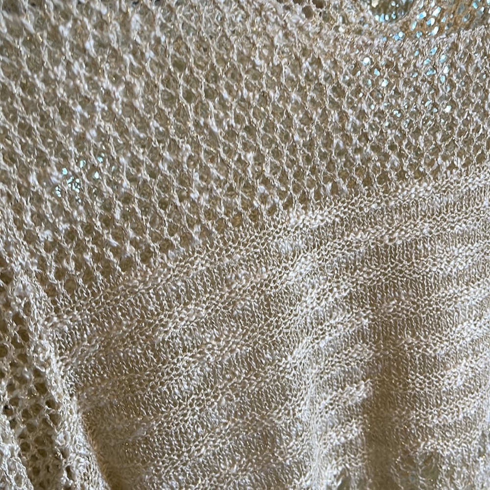 RELATIVITY NWOT FRINGED CROCHET OPEN KNIT POM POM SUMMER SWEATER W GOLD SHIMMER - Picture 10 of 11